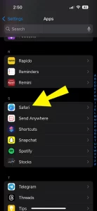 Scroll down and tap Safari. It’s usually near the middle
